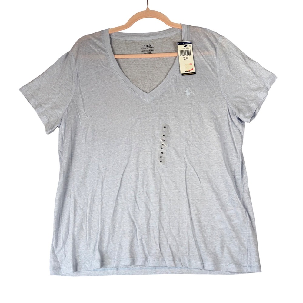Polo Ralph Lauren Women XL Oxford Blue 100% Linen V-Neck Short Sleeve Tee NWT